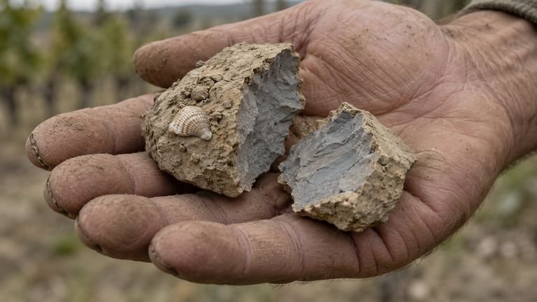 A grower’s hand holding two broken lumps of clay, one with a fossil shell in it