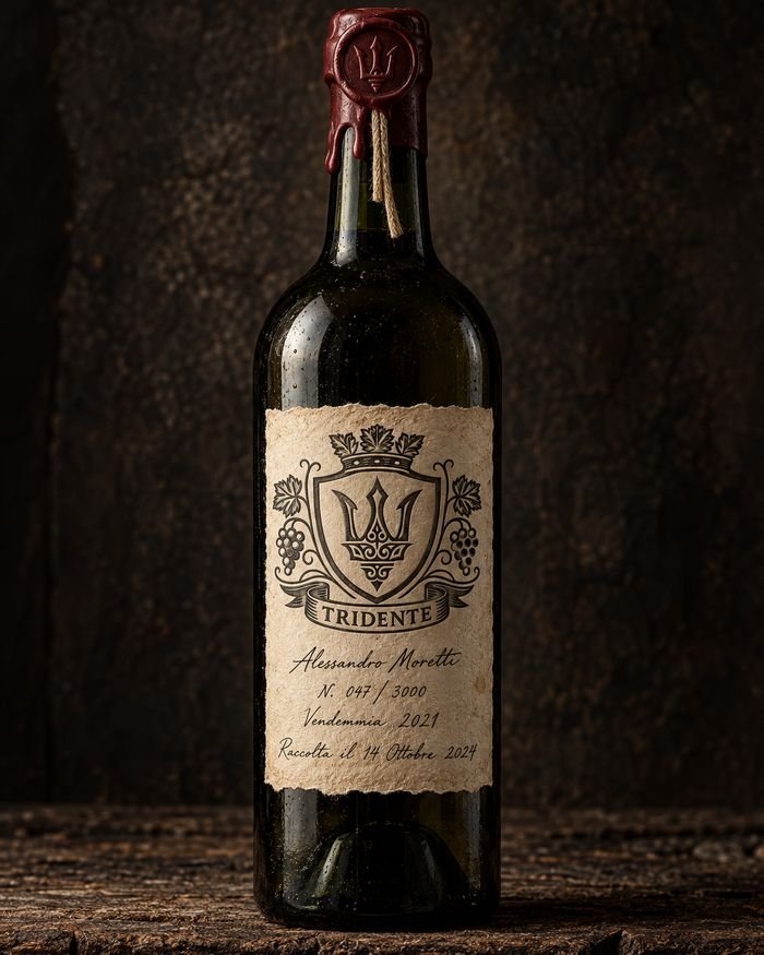 Tridente bottle with a handwritten parchment label and a red wax seal