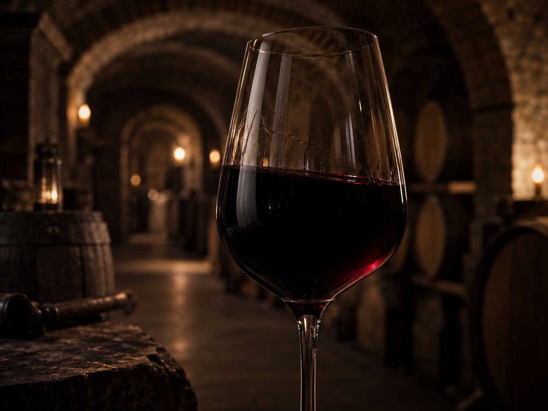 A glass of deep red wine backlit in the vaulted cellar