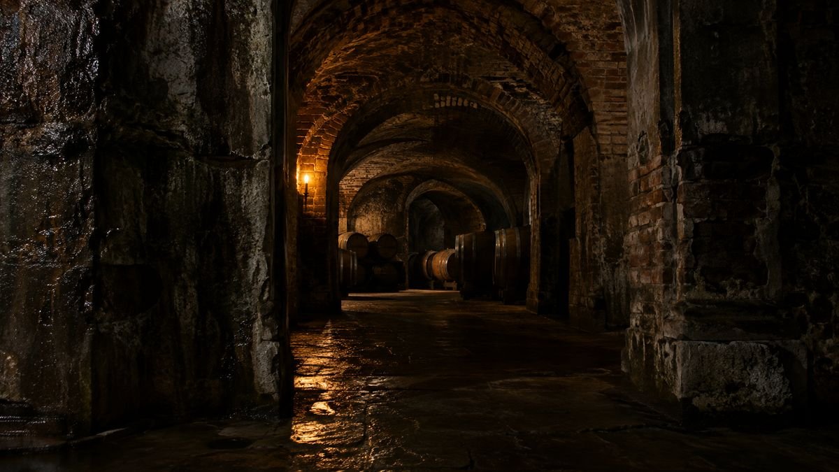 The vaulted brick cellar corridor lit by a single lamp, with barrels at the far end