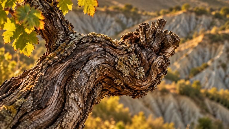 The gnarled trunk of a vine planted in 1948, covered in lichen, with the badlands behind