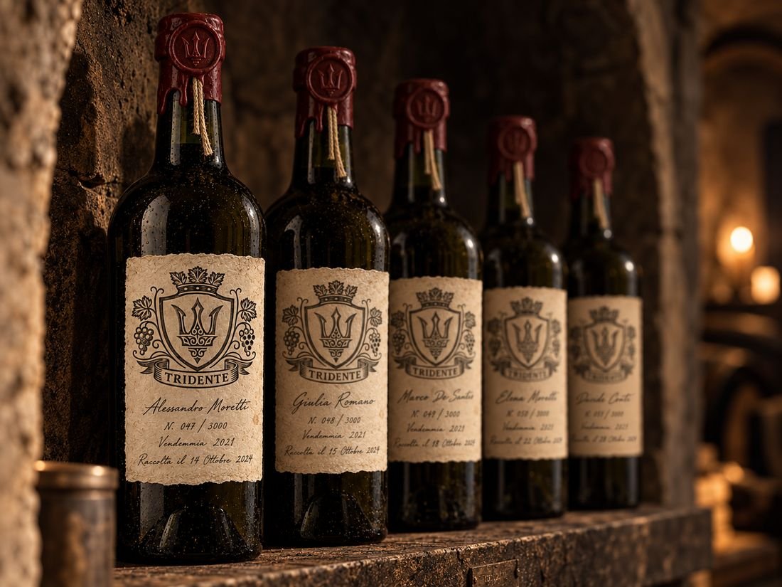 Five Tridente bottles lined up in a cellar niche, each with a different name handwritten on the label