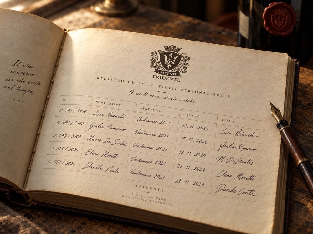 The bound register of personalised bottles, open, showing numbers, names, vintages and signatures