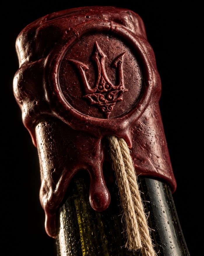 Macro of the red wax seal with the trident pressed into it and a linen cord