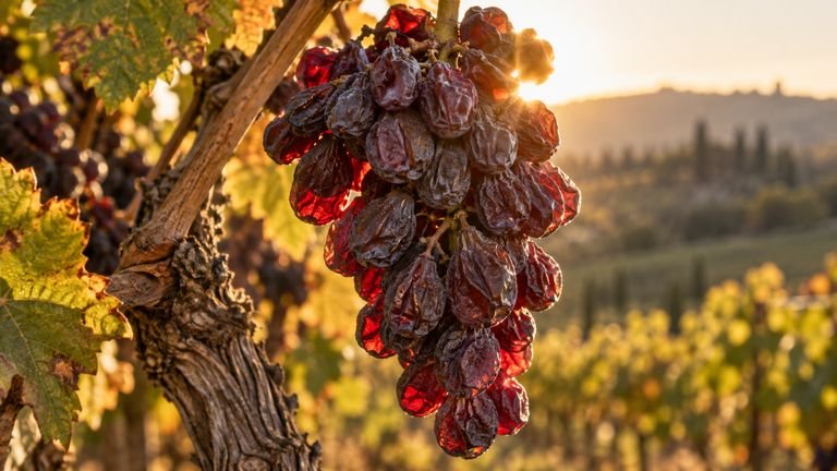 A bunch of Montepulciano dried on the vine, backlit at sunset