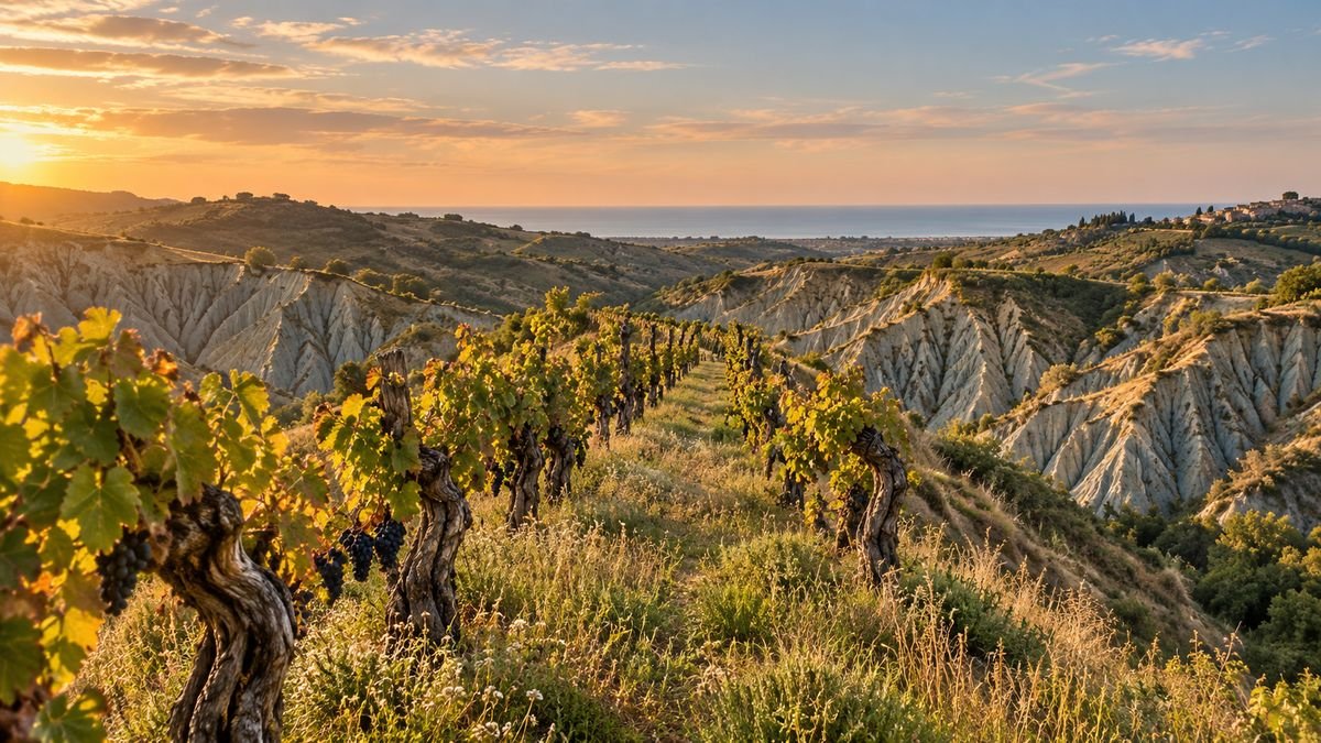 The old vineyard ridge at sunset, with white badlands and the Adriatic behind
